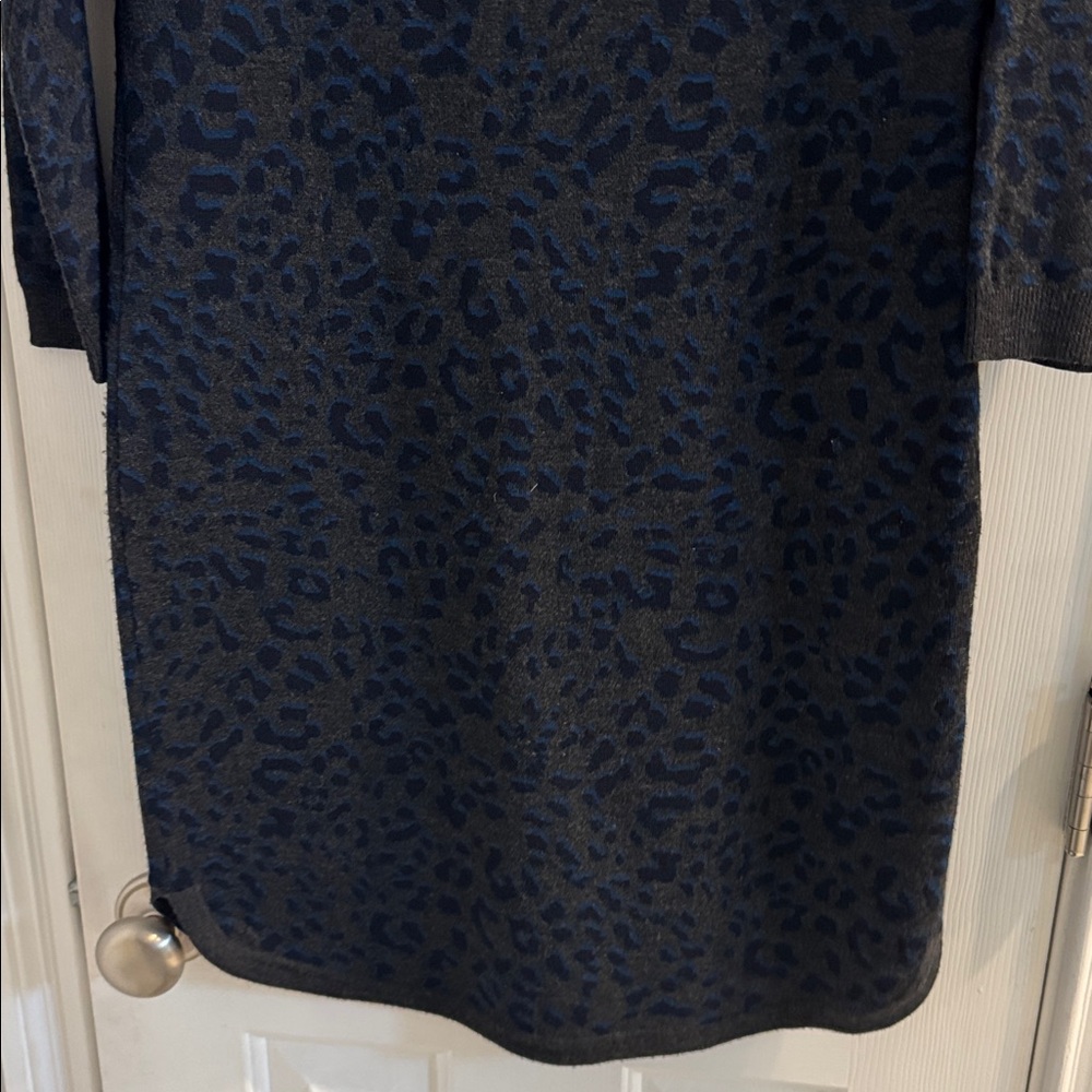 LOFT Charcoal, Navy & Blue Leopard Print Sweater Dress w/ Gray Trim - Picture 7 of 10